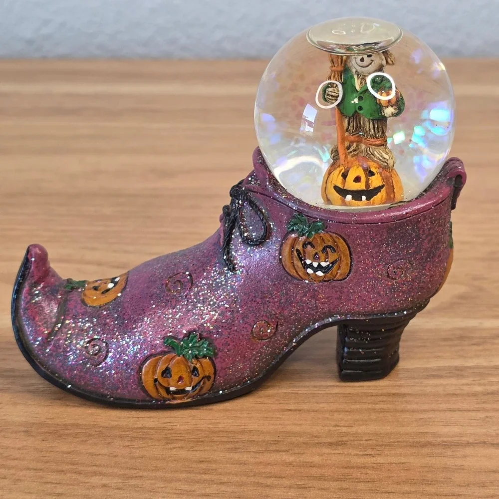 Halloween Snow Globe Witch Boot Set 4pc Black Cat Ghost Scarecrow Pumpkin
